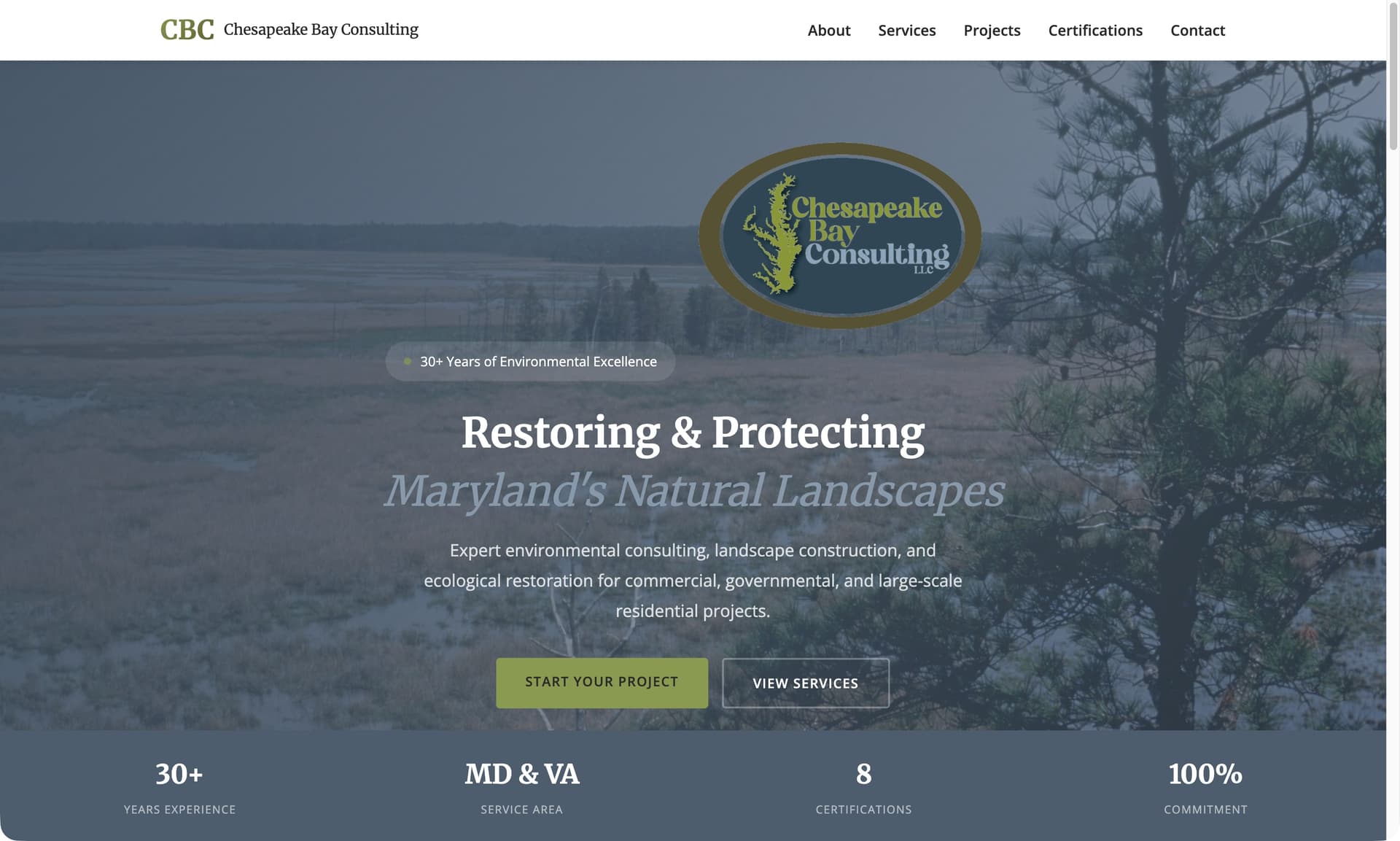 Chesapeake Bay Consulting website homepage - desktop view designed by DGK Technologies