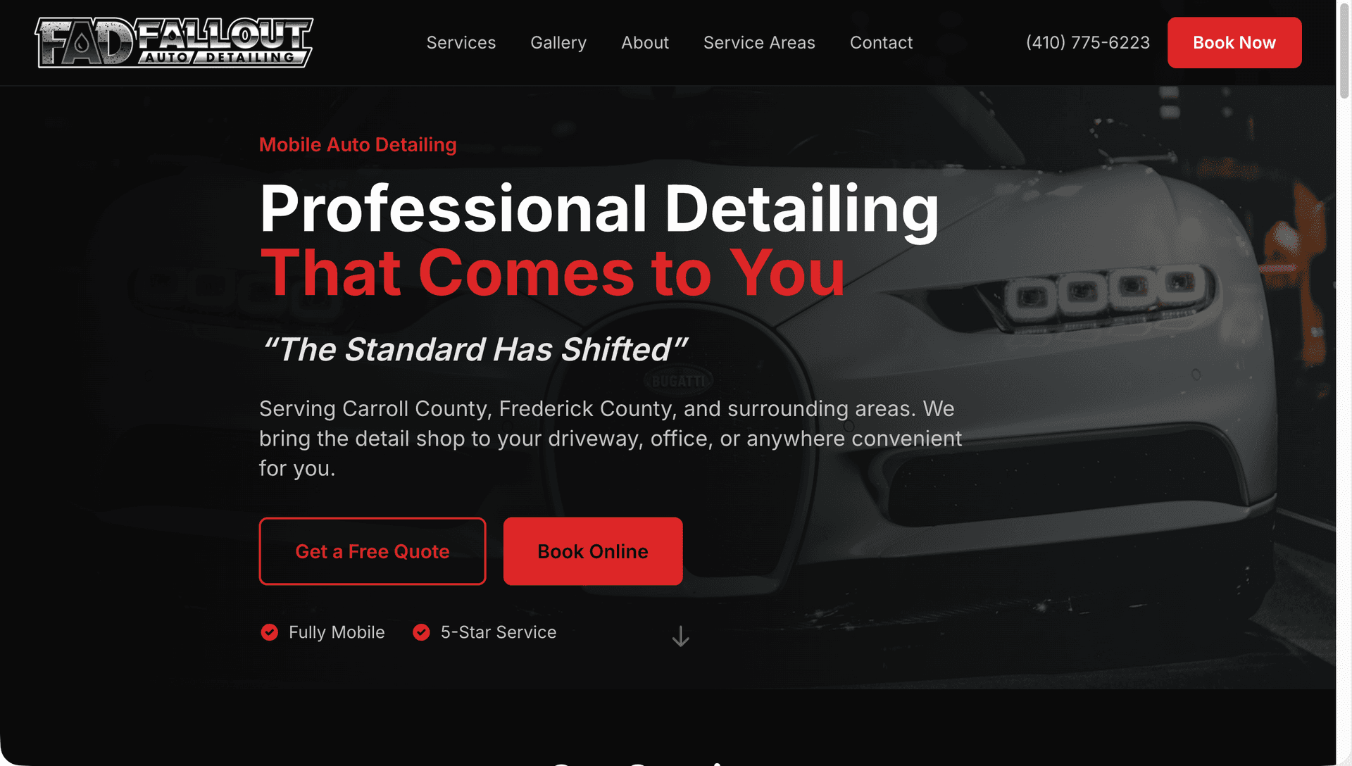Fallout Auto Detailing website homepage - desktop view designed by DGK Technologies