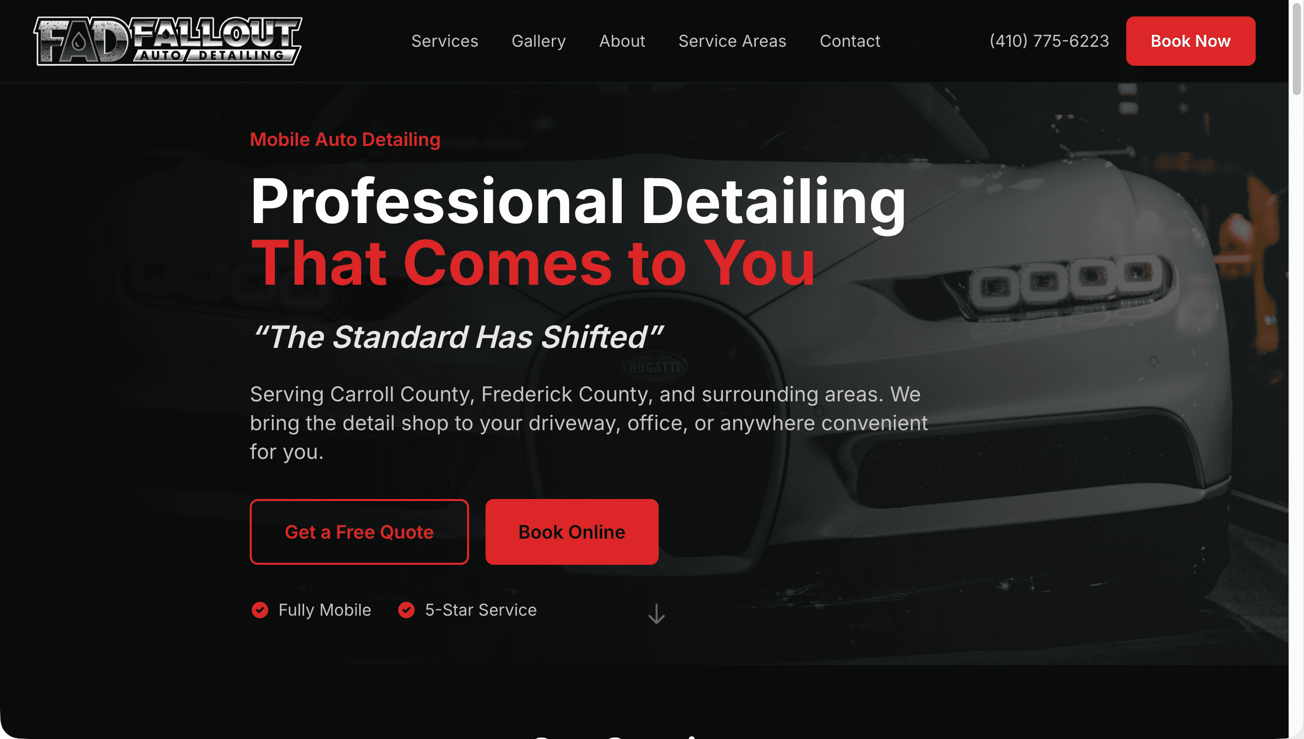 Fallout Auto Detailing website homepage showing professional mobile detailing services