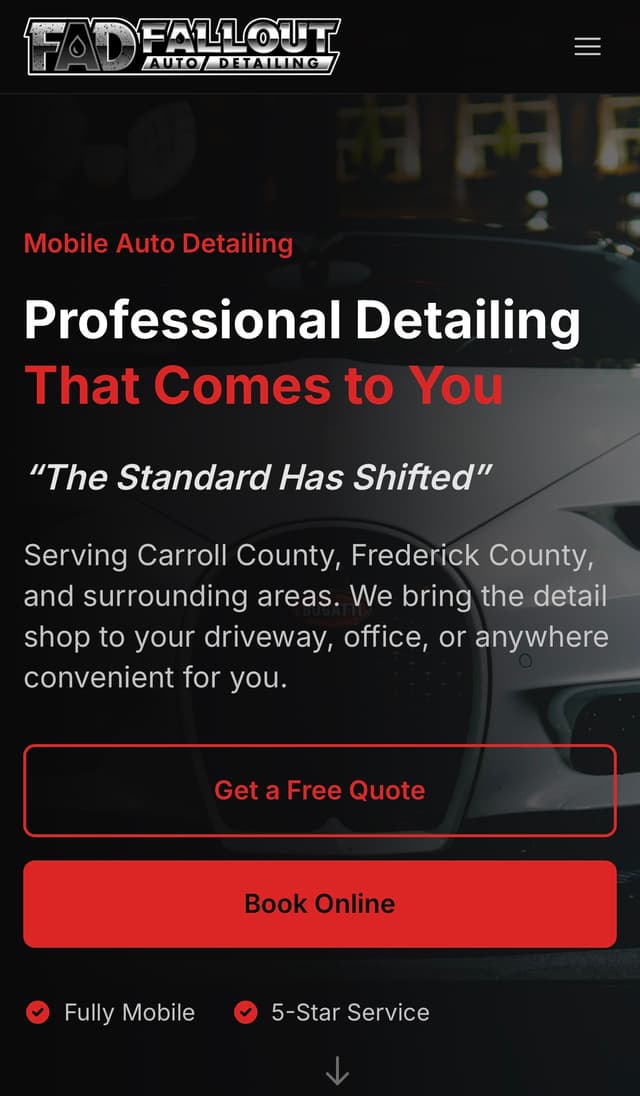 Fallout Auto Detailing mobile website view