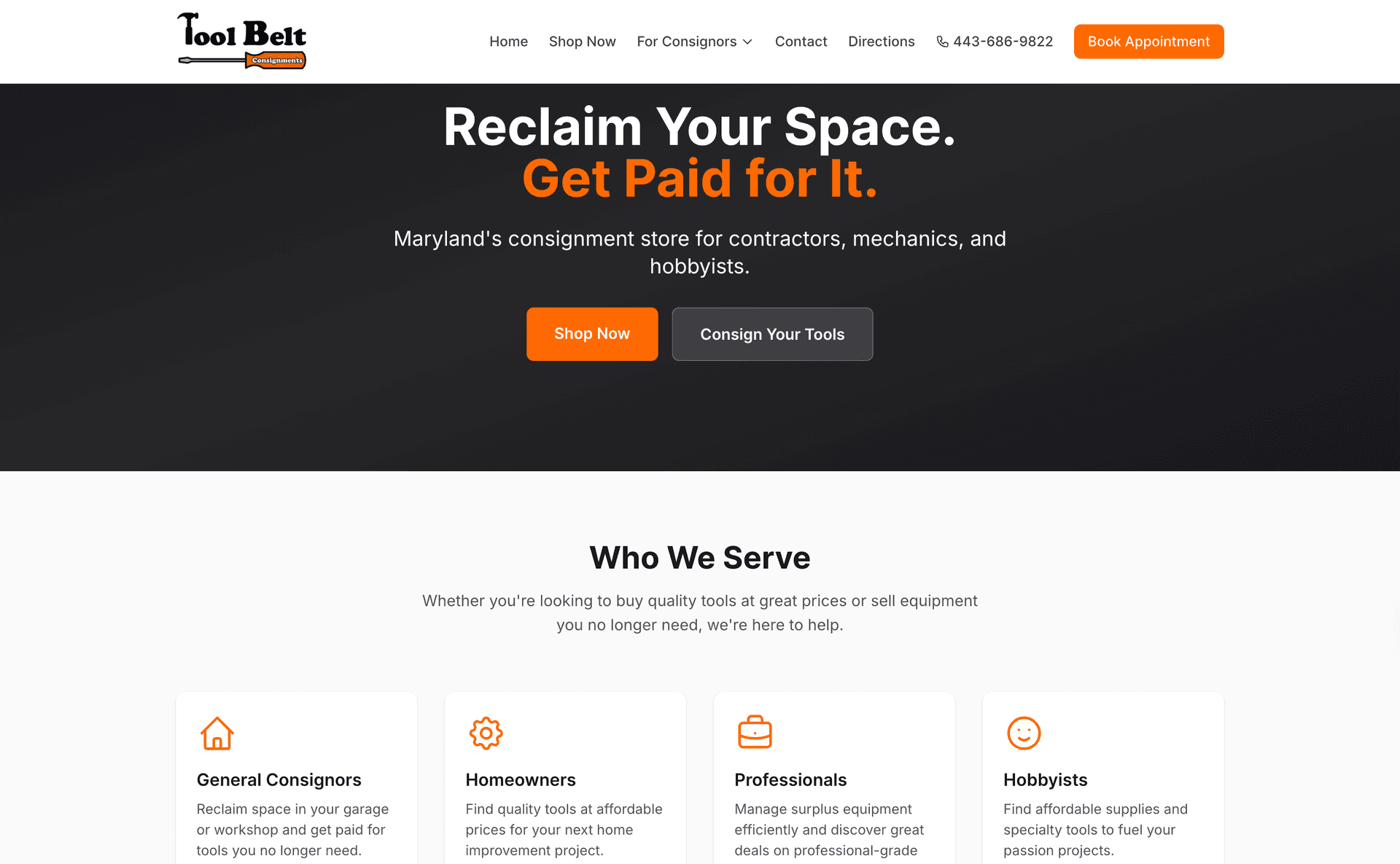 Toolbelt Consignments website homepage - desktop view designed by DGK Technologies
