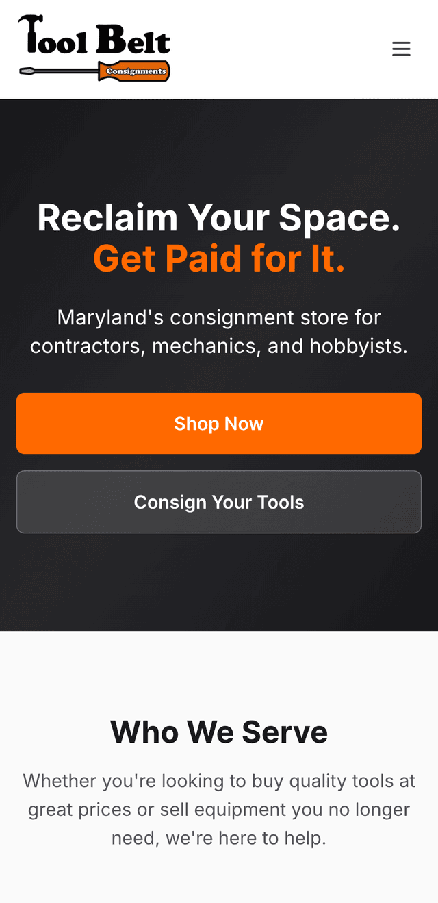 Toolbelt Consignments website - mobile responsive design